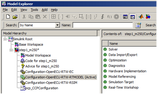 Simulink's Model Explorer showing OpenECU configuration sets